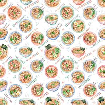 Seamless pattern of various ramen bowls with chopsticks on gray