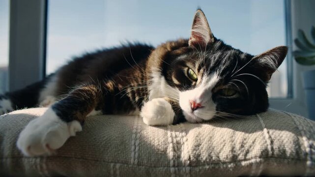 Stretching tabby cat reacting to sunlight, reaching forward on cushion at windowsill with plant