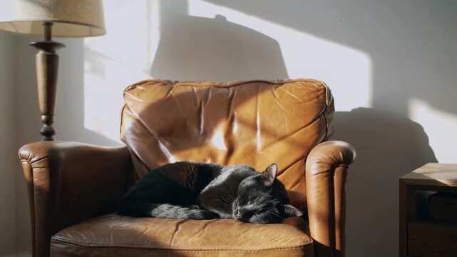 Sun moving through window causing dark cat settling on worn leather armchair, seeking warmth