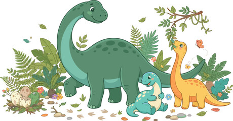 Cute cartoon dinosaur family with mother sauropod and baby dinos eating leaves near nest vector illustration isolated background © MdBarat