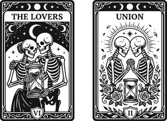 Fototapeta premium A hauntingly beautiful halloween tarot card depicting the lovers embracing mortality and the eternal bond of souls in a spooky vision