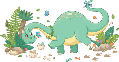 Cute cartoon dinosaur character playing with butterflies near hatching eggs footprints and tropical plants vector illustration isolated background © MdBarat
