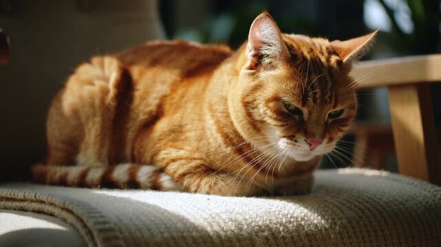 Basking ginger tabby cat blinking, shifting tail while loafing on chair near window, sunlight patch