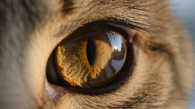 Showing single cat eye narrowing pupil, window light shifting and creating amber reflection
