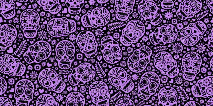 Day of the Dead skulls pattern. Dia de los muertos print. Day of the dead and mexican Halloween texture. Mexican tradition festival. Day of the dead sugar skull isolated. Dia de los Muertos tattoo