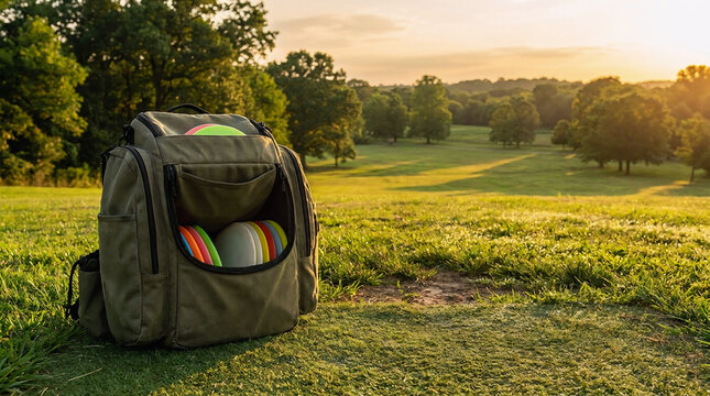 A durable disc golf bag filled with professional flying discs sitting on a grassy course during a scenic golden hour sunset at a public park facility
