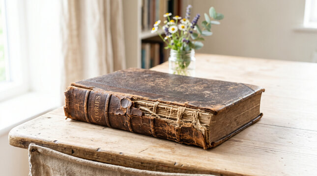 Antique leather book with crumbling spine on wooden table  