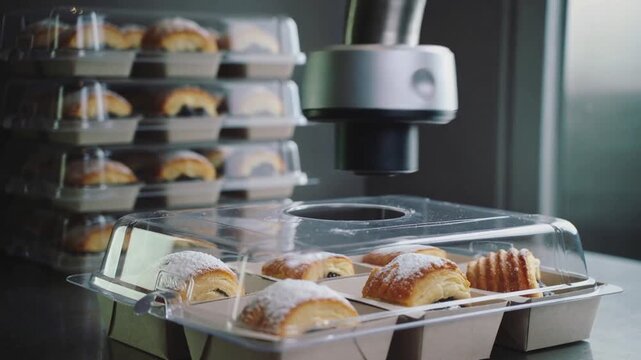 Lowering machine arm placing plastic lid over six-cell pastry tray on work counter, sealing trays