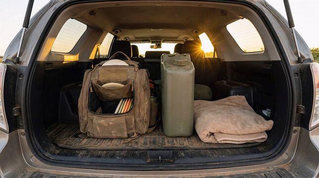 A disc golf bag packed with colorful flying discs alongside a water jug and a blanket in the open trunk of an SUV ready for a weekend outdoor adventure