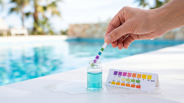 Hand holding chlorine testing kit color strips by a swimming pool  