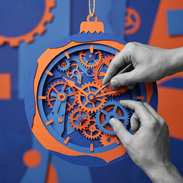 Hands adjust intricate orange and blue paper clock mechanism with precision tools in closeup view