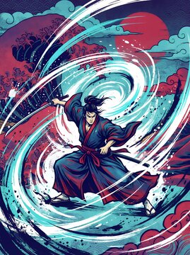 Japanese Samurai Warrior Wielding Katana with Swirling Wind Slash Effect, Traditional Ukiyo-e Wave and Red Sun Background Illustration for Apparel and Poster Design