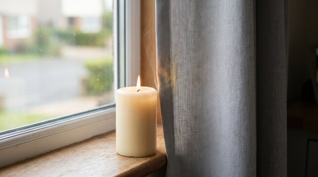 Lit candle placed dangerously close to a curtain on a windowsill. Domestic fire hazard and safety risk concept
