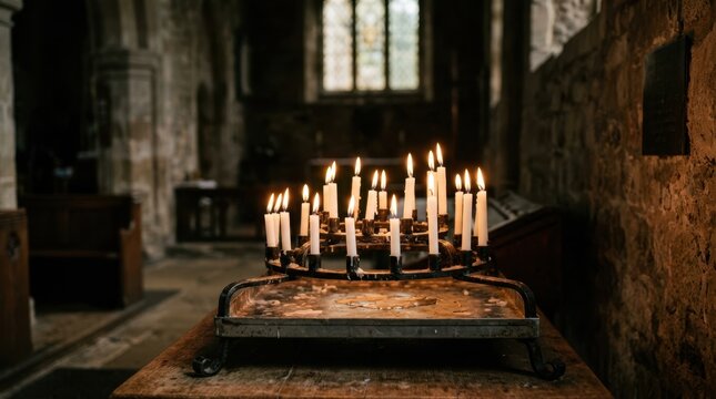Lit white memorial candles on a circular iron stand in a dark church interior. Warm glowing flames for prayer and remembrance. Religious vigil concept