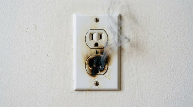 Burnt electrical outlet emitting smoke on a white wall. Home safety hazard and short circuit concept