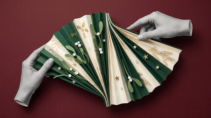 Naklejka premium Hands opening a green and cream folded paper decoration with botanical ornaments against a deep burgundy background
