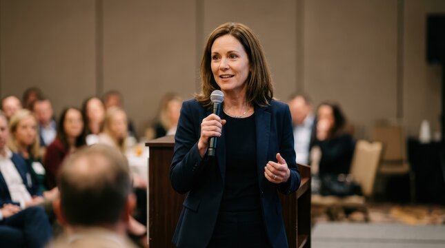 Woman giving a public speech at a conference. Professional speaker holding a microphone in front of an audience