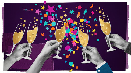 Naklejka premium Colorful champagne toast with raised glasses confetti and grayscale hands on deep purple festive background collage