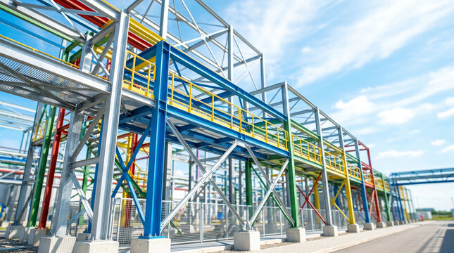Colorful factory scaffolding and structural steel frame in sunlight  