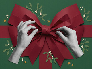 Naklejka premium Christmas gift wrapping with large red paper bow and hands on festive green background