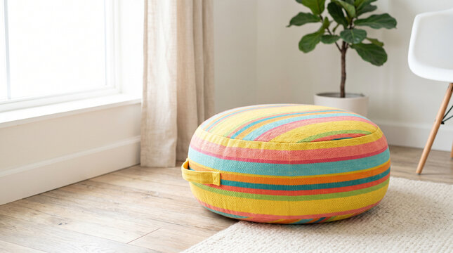 Round stuffed fabric pouf cushion with colorful stripes in a bright room  