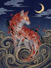 Fototapeta premium Mythical Japanese Wolf Spirit with Autumn Maple Leaves and Glowing Eyes in Swirling Waves Under Crescent Moon Night Sky, Asian Folklore Illustration for Fantasy Art and Poster Design