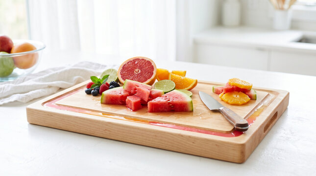 Fruit preparation on a cutting board with juice groove and knife  