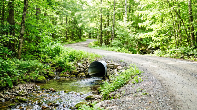 Forest road with culvert stream crossing in a wooded area  