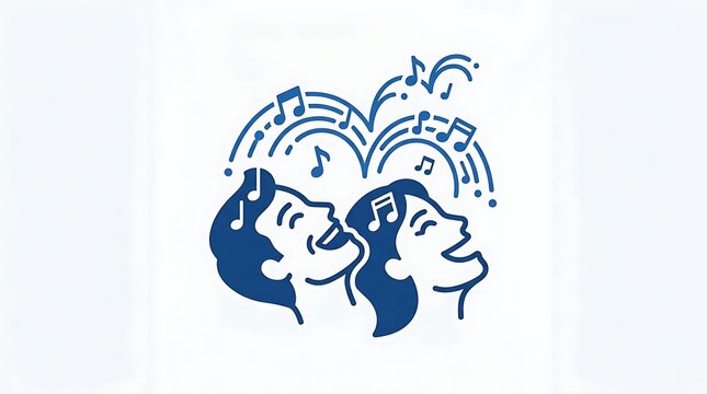 Blue illustration of two people singing music notes