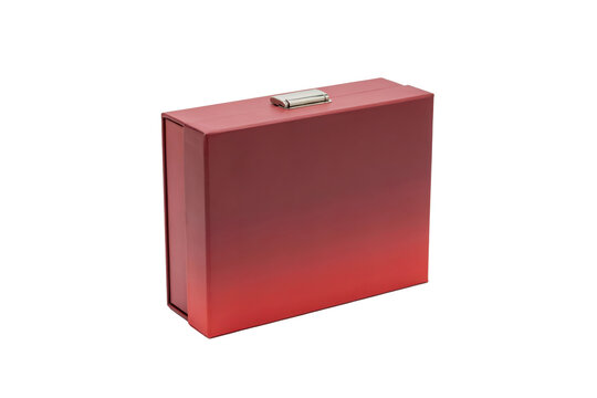 Rectangular red gradient gift box with a metallic silver hinge closure isolated on a transparent background