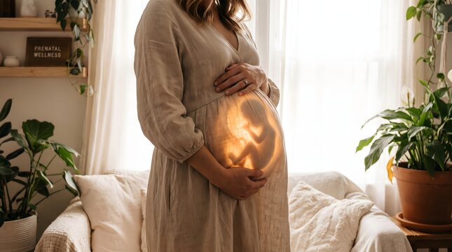 Pregnant woman gently touching glowing baby silhouette inside luminous stomach area symbolizing prenatal wellness maternity journey hope and new life beginning.