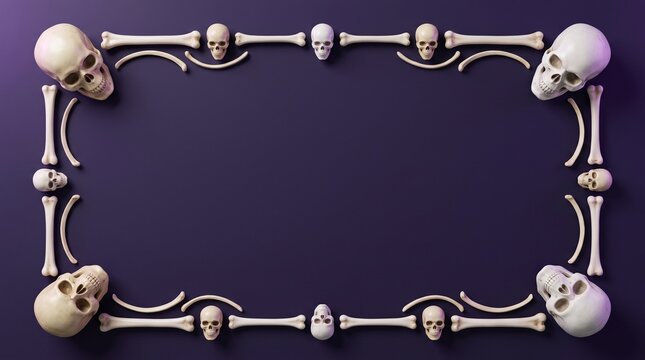 Decorative frame made of human skulls and bones arranged in a rectangle shape on a solid dark background