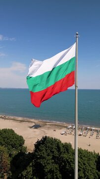 Bulgarian Flag Waving over Sandy Beach, Black Sea, and Burgas Coast, Bulgaria