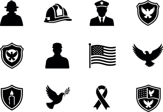 Patriotism themed silhouettes depicting first responders flags and national symbols