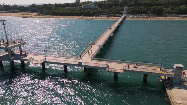 Aerial Close-Up of Burgas Sea Pier, T-Shaped Bridge, and Coast, Bulgaria