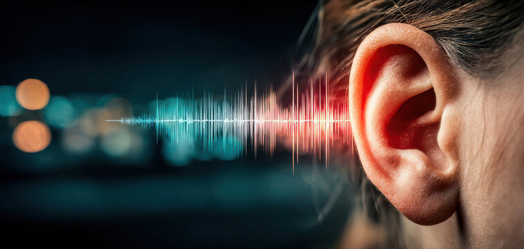 Sound waves connect to a human ear in a dark setting with blurred lights in the background