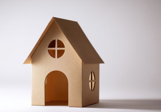 Simple miniature paper model of a house with cutout windows and an arch doorway illuminated by soft lighting against a pale background for creative projects and conc