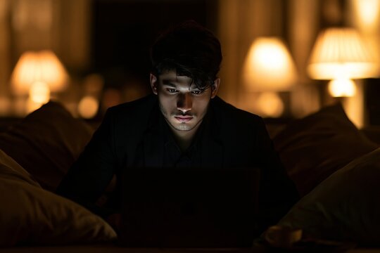 Young man working late at night in a dimly lit room with glowing laptop screen lighting his face