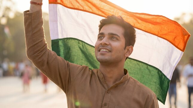 Proud young Indian man in traditional kurta waving the national flag outdoors, celebrating Independence Day and Republic Day with patriotic pride and joy