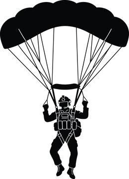 Black silhouette of a skydiver with a deployed parachute against a white background aerial