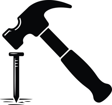 Black silhouette of a hammer striking a metal nail on a white background carpentry