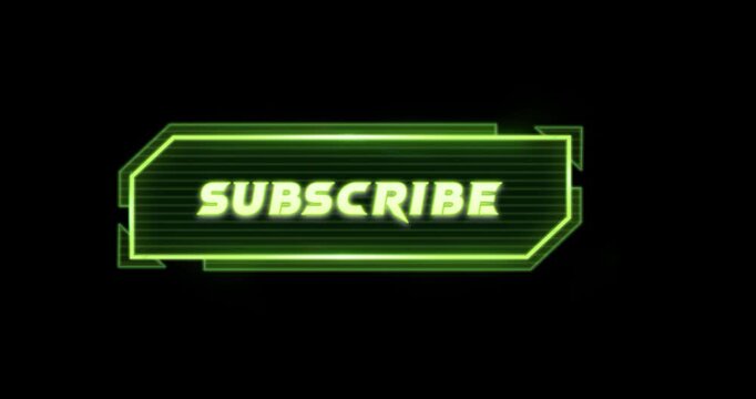 subscribe button animation with glitch intro and cursor click. Futuristic cyberpunk UI overlay for gaming creators