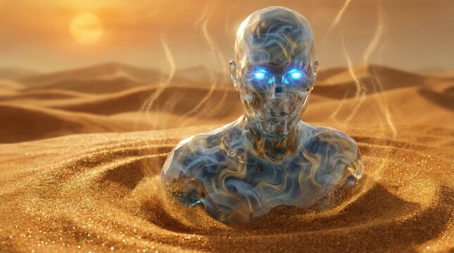 Surreal translucent crystal humanoid with glowing blue eyes emerging from golden desert sand dunes at sunset, sci-fi concept of AI consciousness and mirage