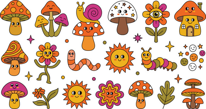 Cute whimsical mushrooms flowers snails and caterpillars cartoon illustration set