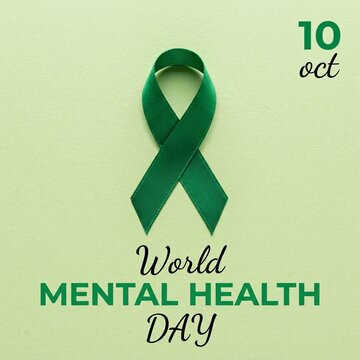 October 10 world mental health day text graphic with a green awareness ribbon symbol