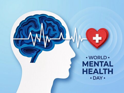 World mental health day illustration with human head profile showing blue brain