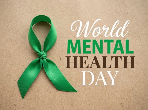 World mental health day greeting poster featuring a green awareness ribbon
