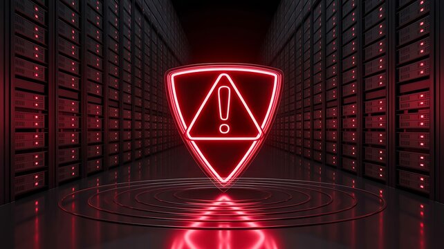 Cybersecurity warning shield protecting a secure server data center