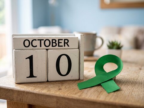 Wooden calendar block showing october 10 date next to green awareness ribbon