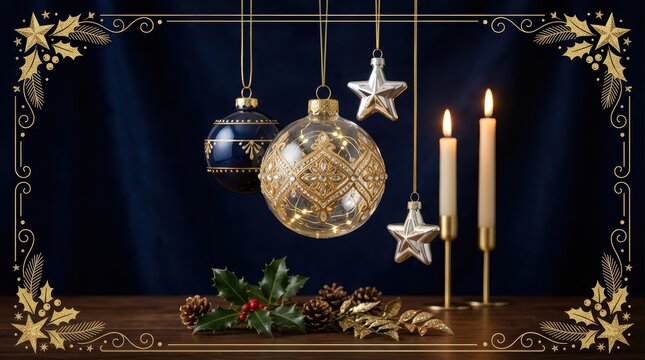 Elegant christmas ornaments hanging with candles and pine cones on a dark blue background